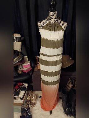 Striped Ti-dyed Maxi Dress in Olive, White & Coral